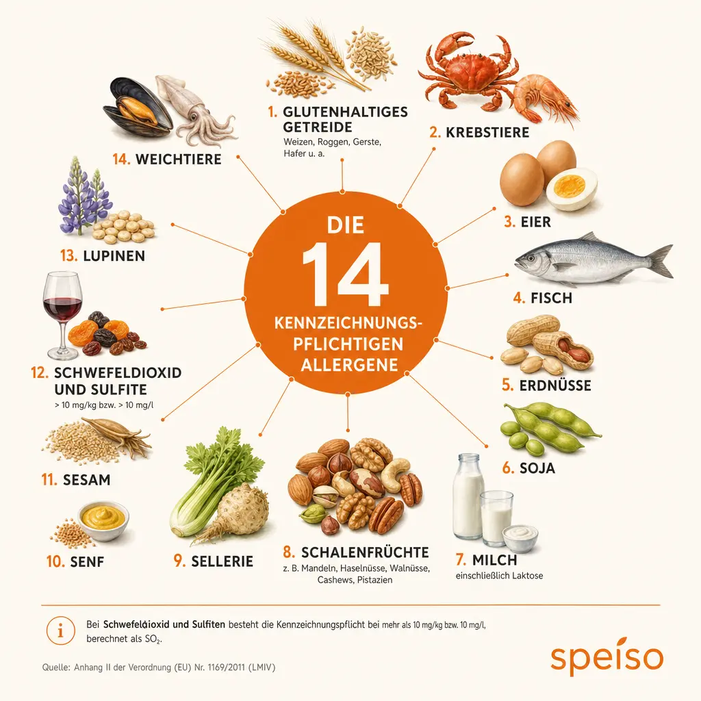 Infografik zu den 14 kennzeichnungspflichtigen Allergenen nach Anhang II der LMIV; Schwefeldioxid und Sulfite sind ab mehr als 10 mg/kg bzw. 10 mg/l, als Gesamt-SO₂ berechnet, kennzeichnungspflichtig.