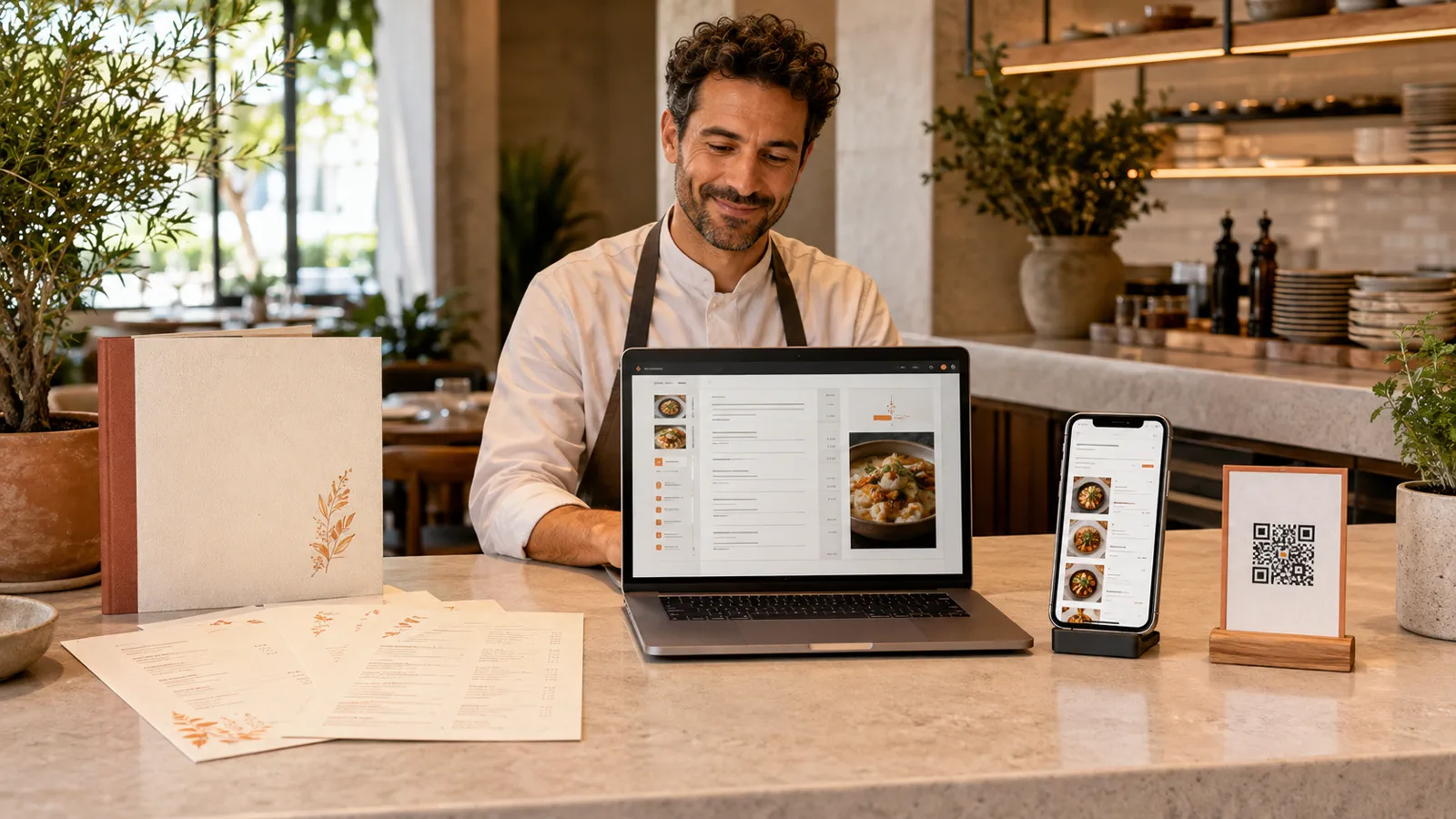 Restaurantbetreiber digitalisiert eine gedruckte Speisekarte am Laptop und veröffentlicht sie für Smartphone und QR-Code