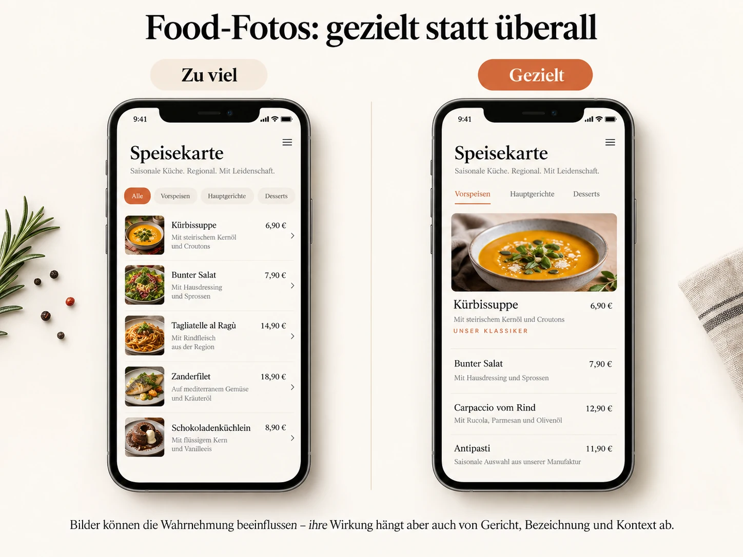 Infografik mit zwei mobilen Speisekarten: links viele konkurrierende Food-Fotos, rechts eine ruhige Karte mit einem gezielt hervorgehobenen Gerichtsfoto.
