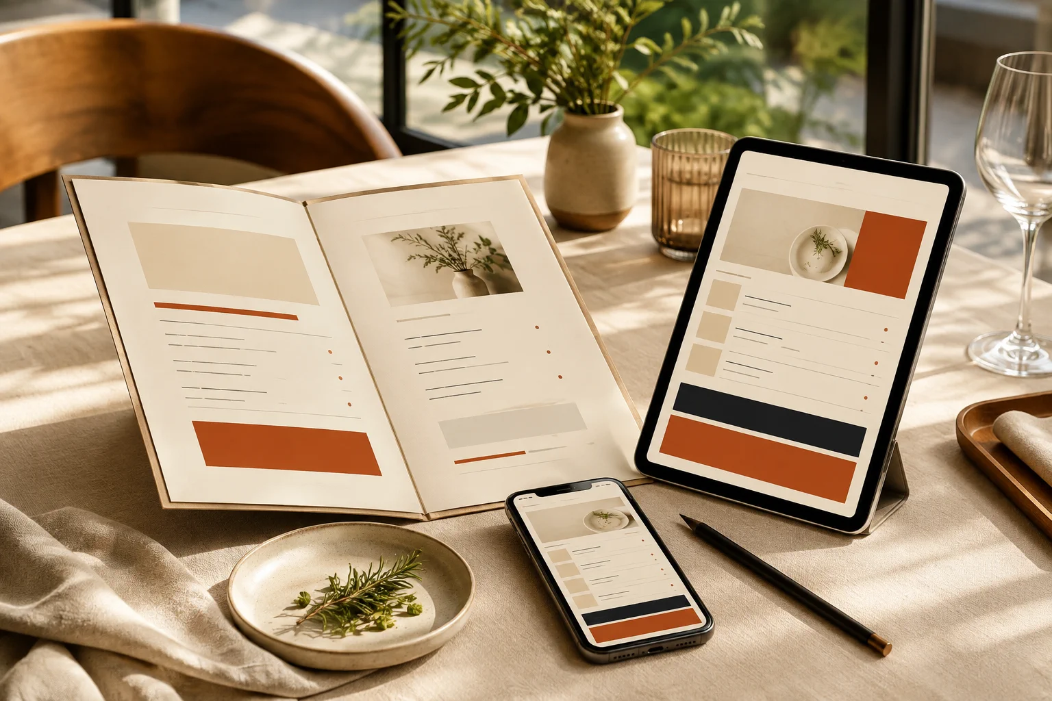 Gedruckte und digitale Speisekarte auf einem hellen Restauranttisch