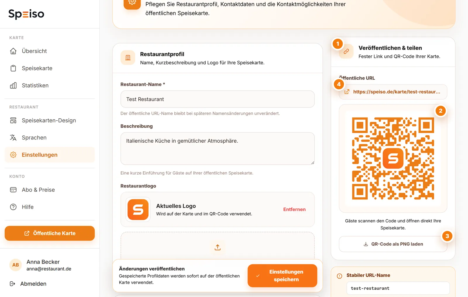 Speiso-Einstellungen mit öffentlicher URL und herunterladbarem QR-Code