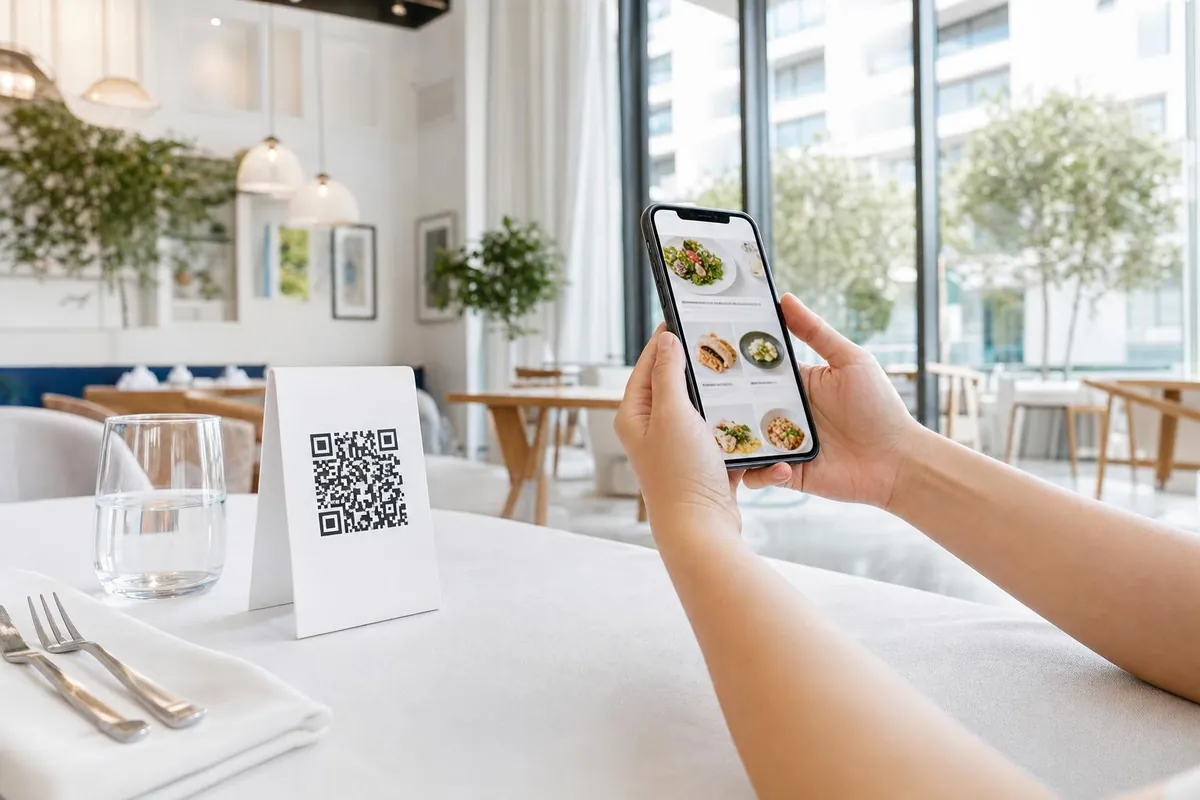 Gast scannt am Restauranttisch einen QR-Code und öffnet die digitale Speisekarte auf dem Smartphone