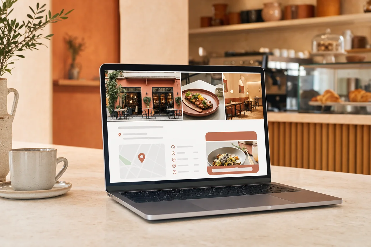 Laptop mit lokalem Restaurantprofil und Menüaktion