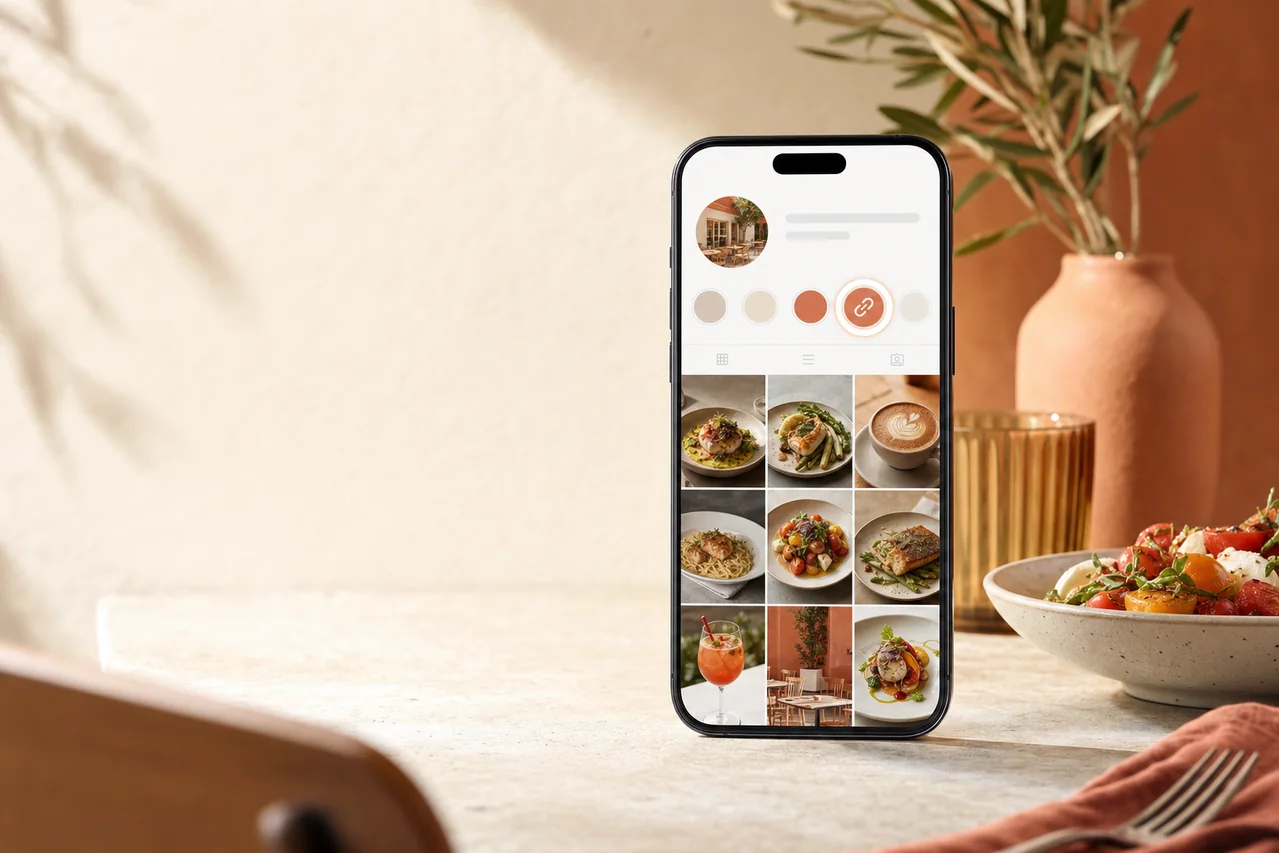 Smartphone mit Restaurantprofil und Food-Posts