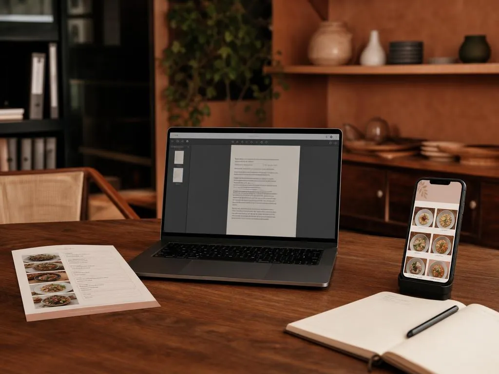 PDF Speisekarte am Laptop neben einem mobiloptimierten Online-Menü auf dem Smartphone