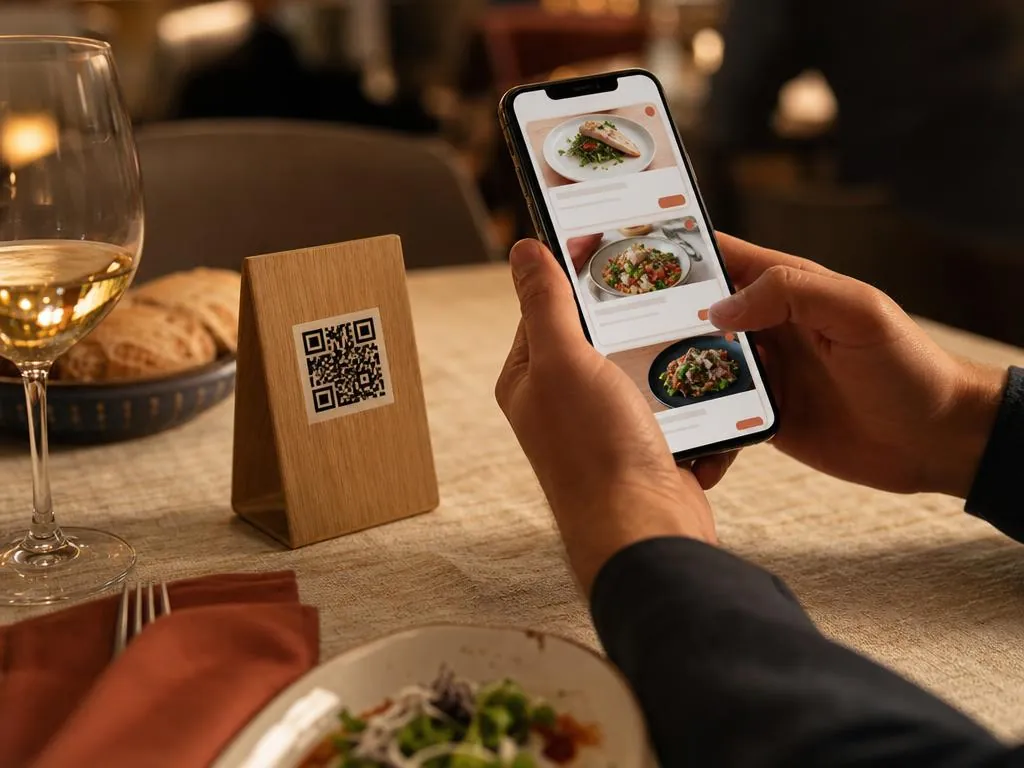 Gast scannt eine QR-Code Speisekarte am Restauranttisch mit dem Smartphone
