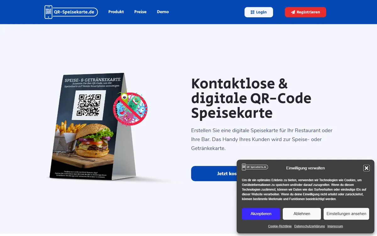 QR-Speisekarte.de Startseite — digitale Speisekarte als QR-Code