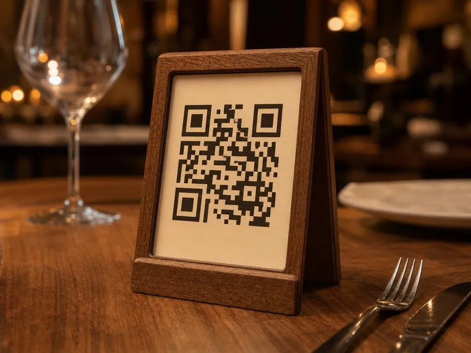 Holz-Tischaufsteller mit QR-Code Speisekarte auf einem gedeckten Restauranttisch