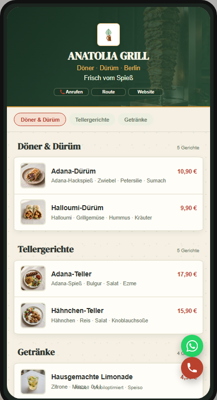 Mobile Vorschau einer digitalen Speisekarte für einen Imbiss