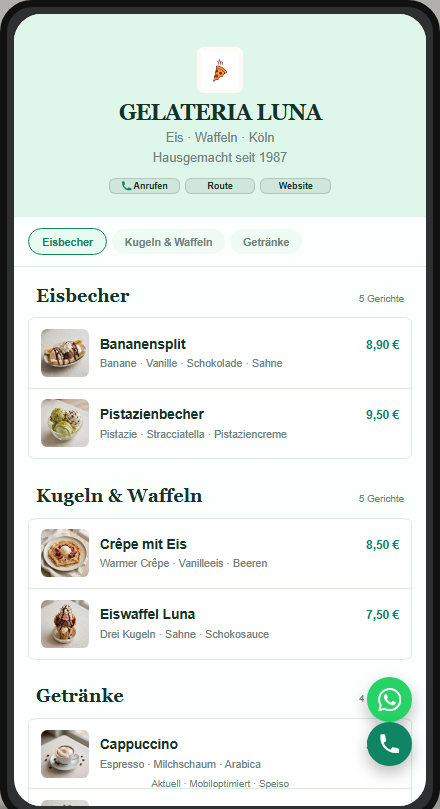 Mobile Vorschau einer digitalen Speisekarte für eine Eisdiele