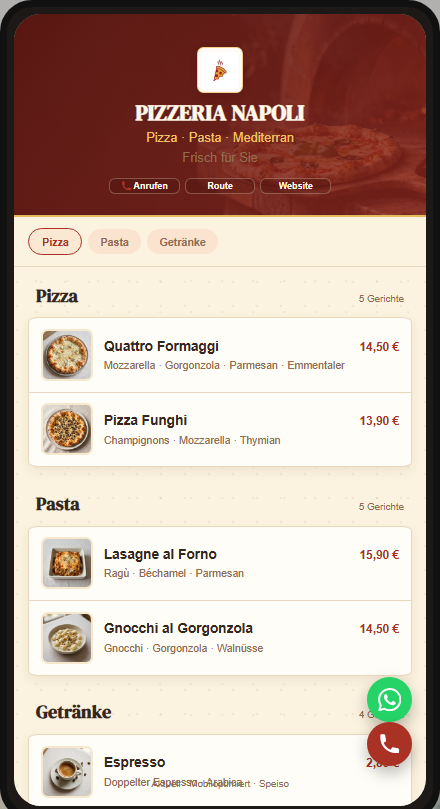 Mobile Vorschau einer digitalen Speisekarte für eine Pizzeria