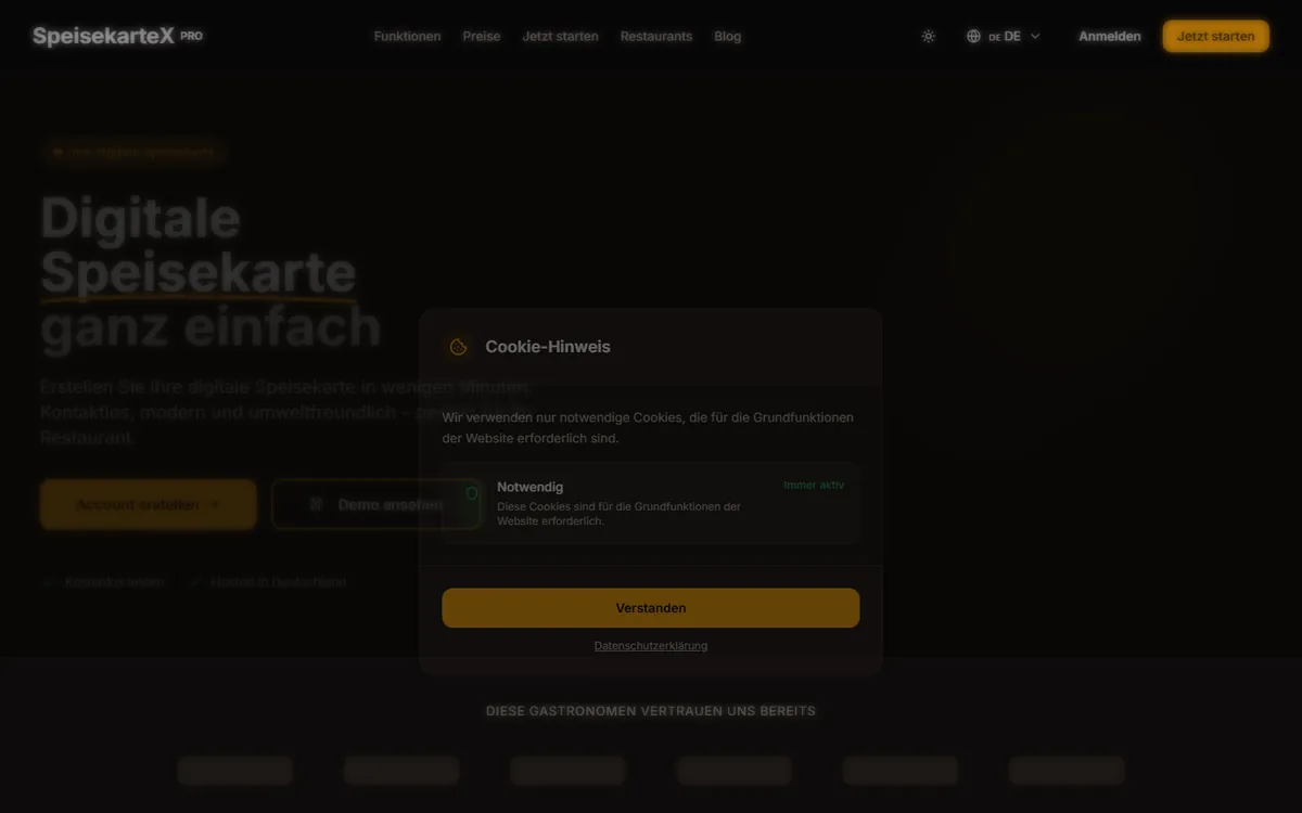 SpeisekarteX Startseite — digitale Speisekarte mit QR-Code und KI